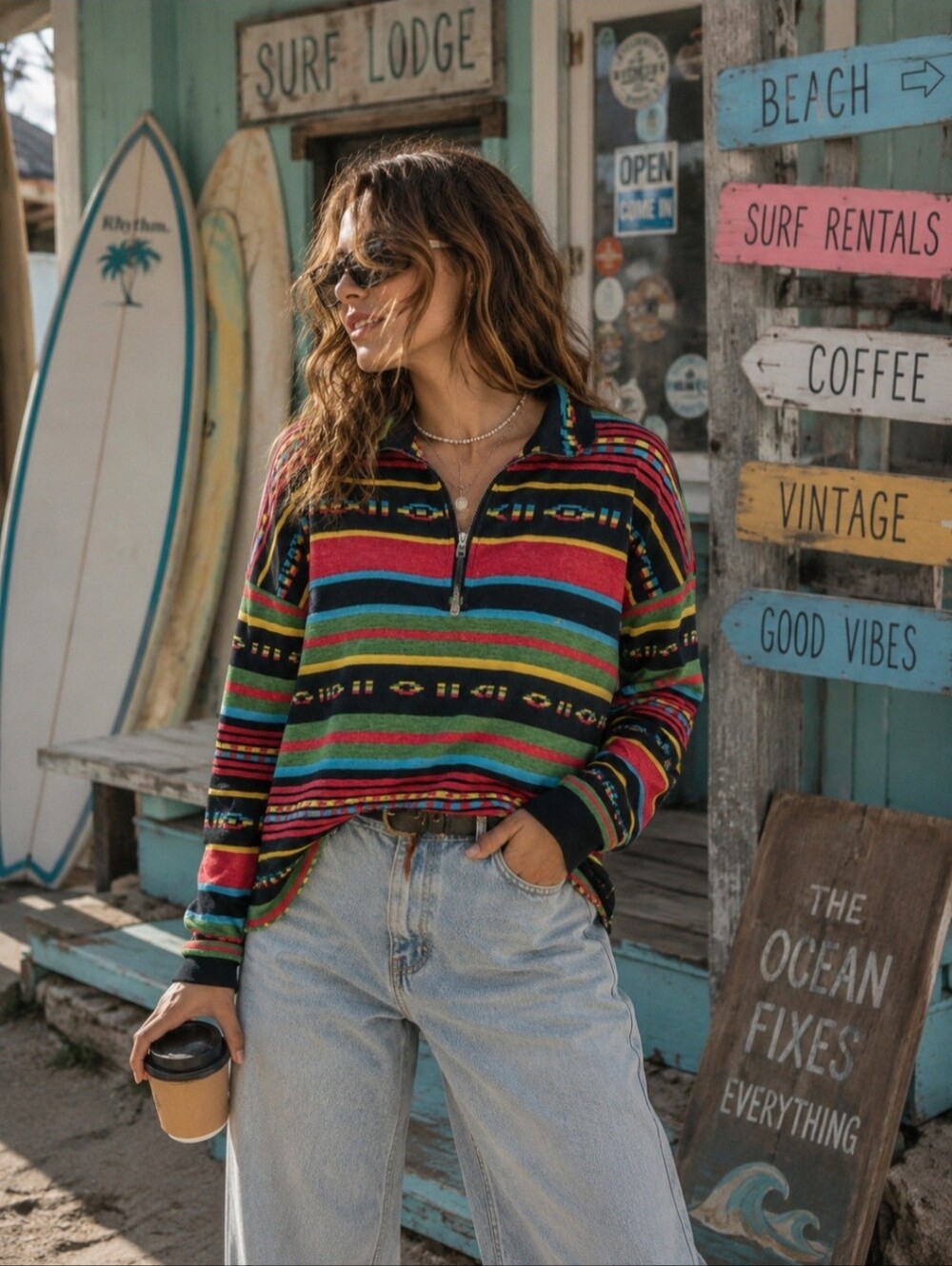 Vintage Chaps Sport Stripe Quarter Zip Pullover Western Boho Top